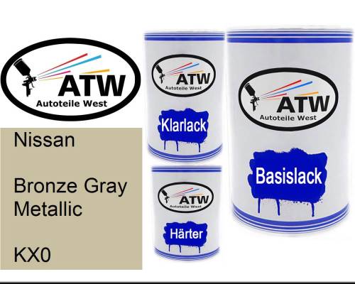 Nissan, Bronze Gray Metallic, KX0: 500ml Lackdose + 500ml Klarlack + 250ml Härter - Set, von ATW Autoteile West.
